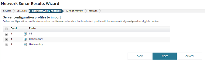 Select server configuration profiles to import